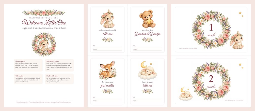 Preview of the free printable gift cards and baby milestone cards